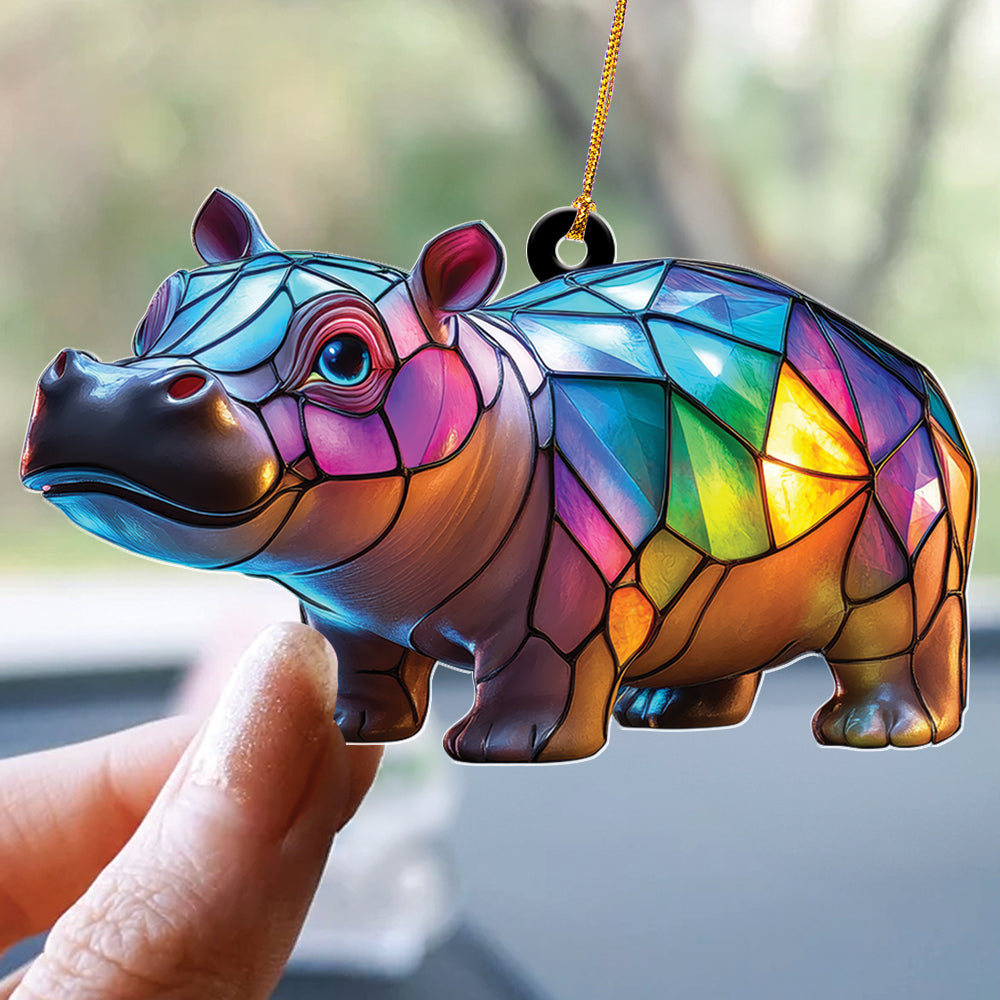 Teesdily | Cute Colorful Mosaic Hippopotamus Christmas Ornament, Stained Glass Design Hippo Xmas Gift Ornament, Hippo Lovers Gift