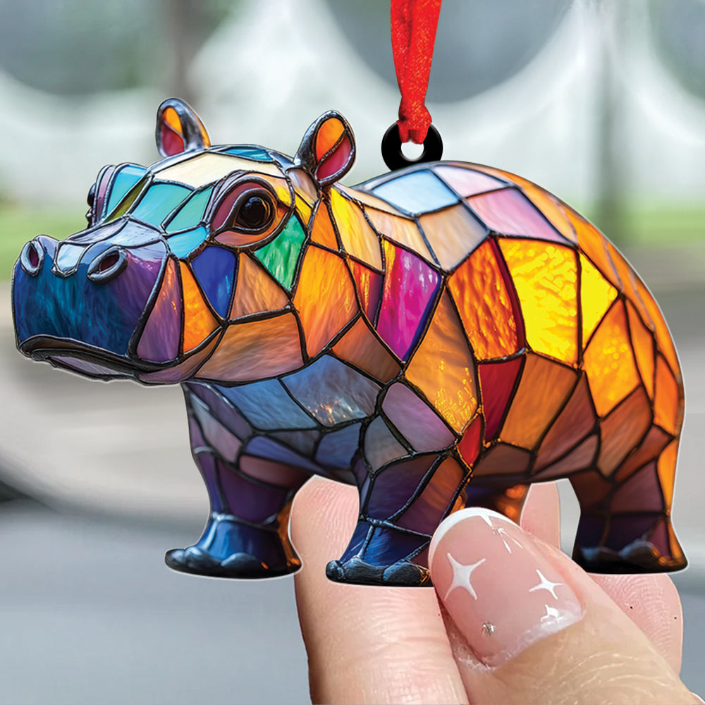 Teesdily | Cute Colorful Mosaic Hippopotamus Christmas Ornament, Stained Glass Design Hippo Xmas Gift Ornament, Hippo Lovers Gift