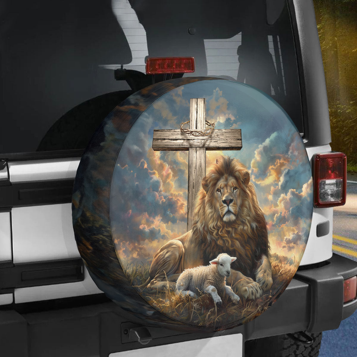 Teesdily | Lion And Lamb Spare Tire Cover, Lion Of Judah Lamb Of God Tire Wheel Cover, Christian Car Accessories, Jesus Christ Durable Tire Protector