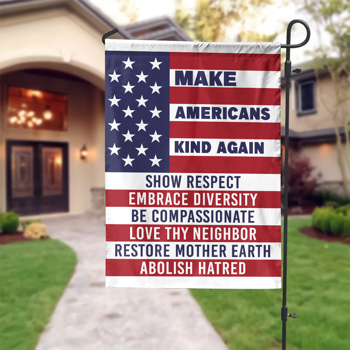 Teesdily | American House Flag, Make Americans Kind Again Show Respect House Flag, Patriot Gift, Christian Home Decor Flag