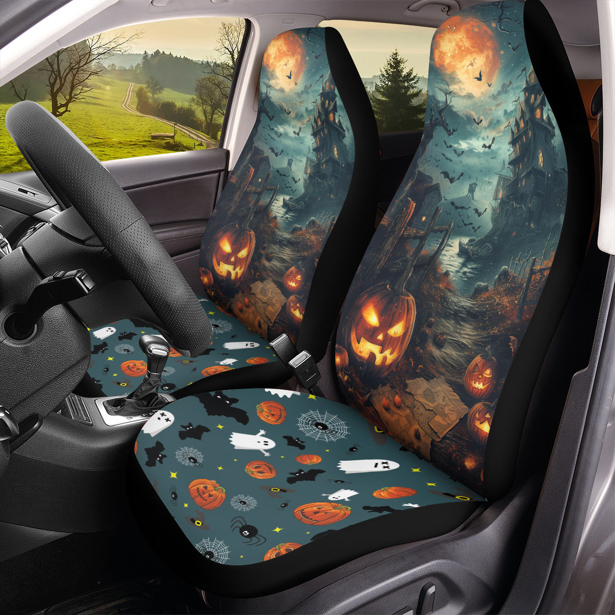 Teesdily | Halloween Hanted House Car Seat Covers, Pumpkin Halloween Ghost Bat Boo Front Seat Cover, Halloween Decor Protection Seats, Halloween Gift