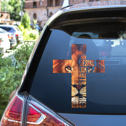 Teesdily | Lion Of Judah Cross Car Window Decal, Christian Religious Car Vinyl Sticker, The Lion Of Judah Has Triumphed Car Vinyl Decal