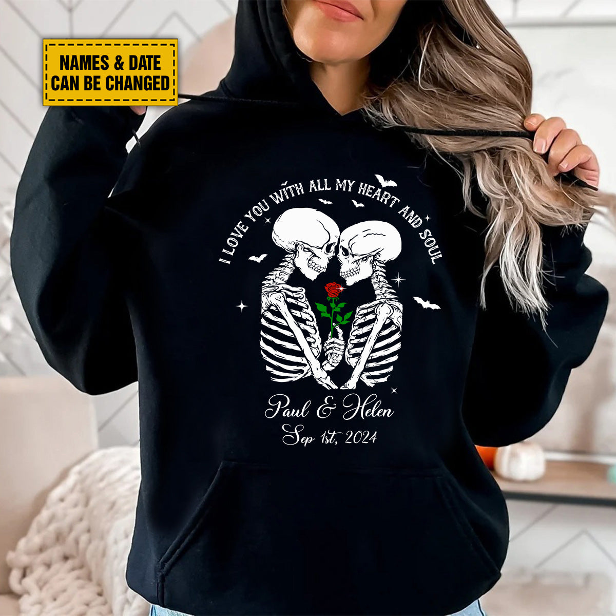 Teesdily | Customized Skull Couple Halloween Shirt, I Love You With All My Heart And Soul Sweatshirt Hoodie Mug, Couple Skull T-shirt, Halloween Gift