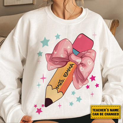 Teesdily | Teacher Pencil Bow Custom Name Shirt, Back To School Teacher Tshirt, First Day Of School Sweatshirt Hoodie, Gifts For Teacher Mug