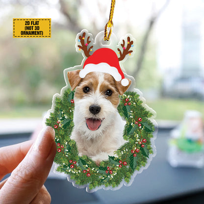 Teesdily | Jack Russell Terrier Christmas Wreath Ornament, Jack Russell Terrier Xmas Hat Deer Antlers Car Hanging Ornament, Dog Owner Xmas Tree Decor