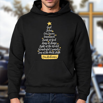 Teesdily | Jesus Name Christmas Tree Shirt, Names Of Jesus Sweatshirt, God Jesus Our Redeemer Star Hoodie Mug, Religious Gift