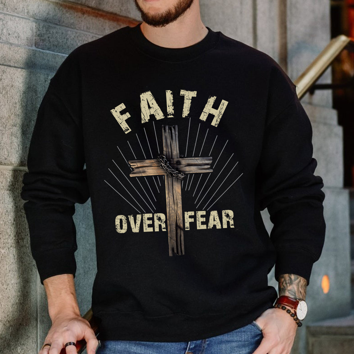 Teesdily | Jesus Cross Art Shirt, Faith Over Fear Tee Sweatshirt Hoodie Mug, Jesus Lovers Gifts, Christian Apparel, Christian Pastor Gifts