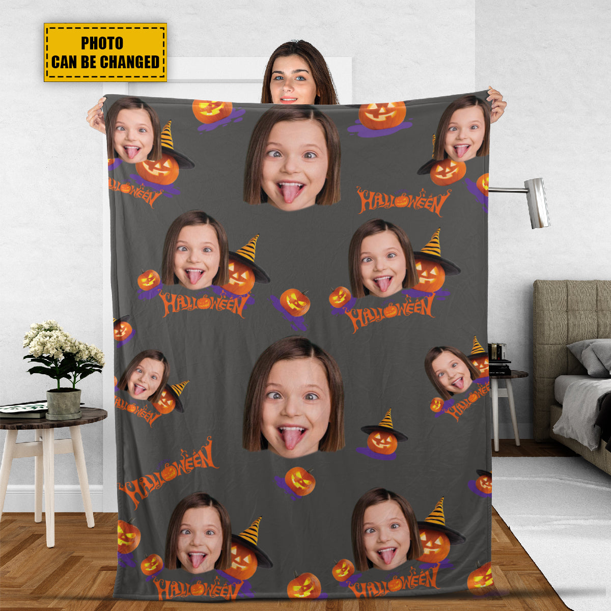 Teesdily | Halloween Pumpkin Personalized Fleece Blanket With Face Funny Halloween Custom Photo Fleece Throw Blanket Halloween Gift For Kids