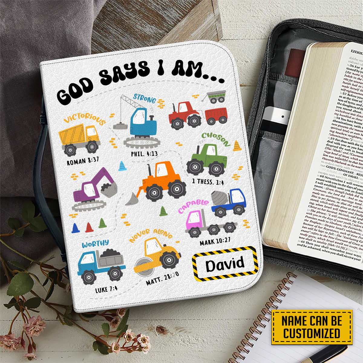 Teesdily | Truck Car Customized Leather Bible Cover, God Says I Am Bible Cover For Boys, God Bible Verse Bible Holder, Christian Gifts For Kids