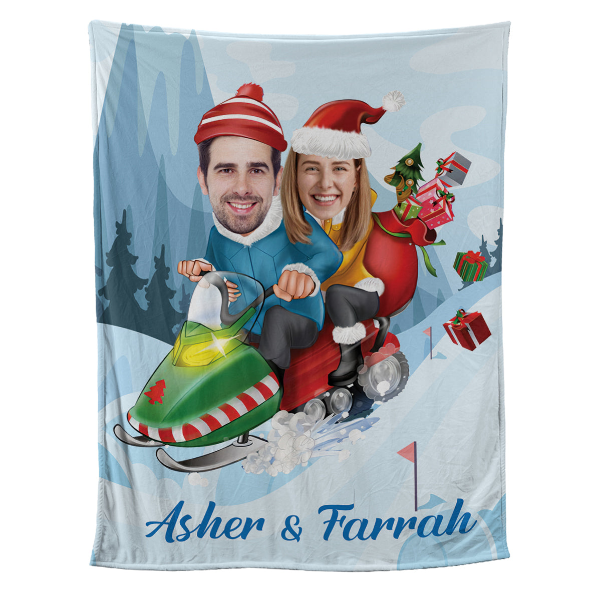 Teesdily | Couple Christmas Customize Blankets With Photos, Christmas Sled Couple Funny Sherpa Blanket, Wife Husband Customize Blanket, Xmas Gifts