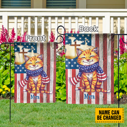 Teesdily | Custom Cat Jesus Cross Flag, Independence Day Garden Flag, Jesus American Flag Home, Fourth Of July Garden Flag Yard Decor, Cat Lover Gift