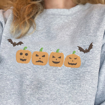 Teesdily | Halloween Pumpkin Embroidered Shirt, Embroidered Fall Sweatshirt, Spooky Season Pumpkin Halloween Embroidery T-shirt, Halloween Gifts