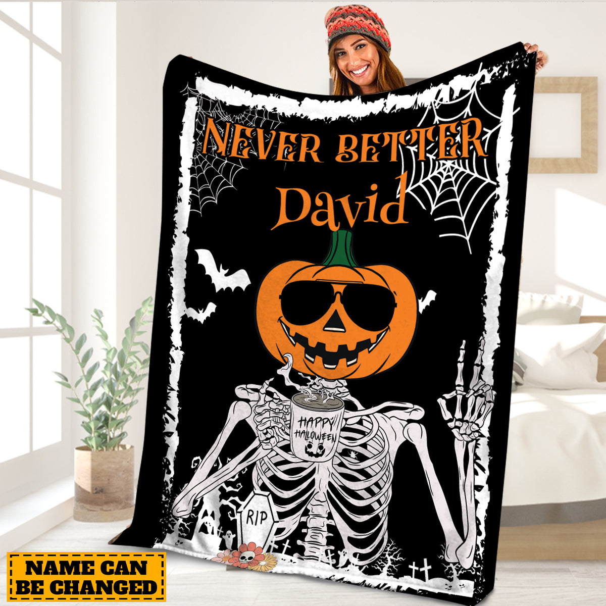 Teesdily | Customized Never Better Skeleton Blanket, Halloween Pumpkin Skeleton Coffee Throw Blanket, Funny Skeleton Blanket Sofa