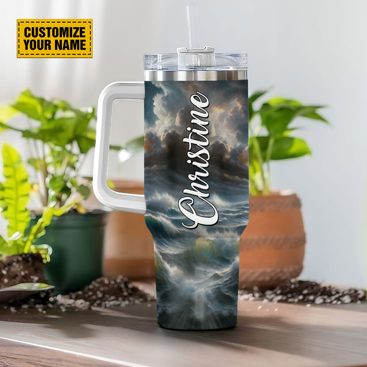 Teesdily | Customized Jesus Beach Portrait Art Insulated Tumbler, Focus On Me Not The Storm Tumbler With Straw, Christian Gift For Jesus Lovers