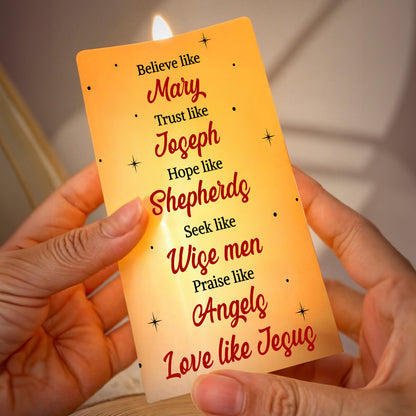 Teesdily | Customized Jesus Nativity Led Candle, Believe Like Mary, Love Like Jesus Flameless Candle, Jesus Christmas Gift