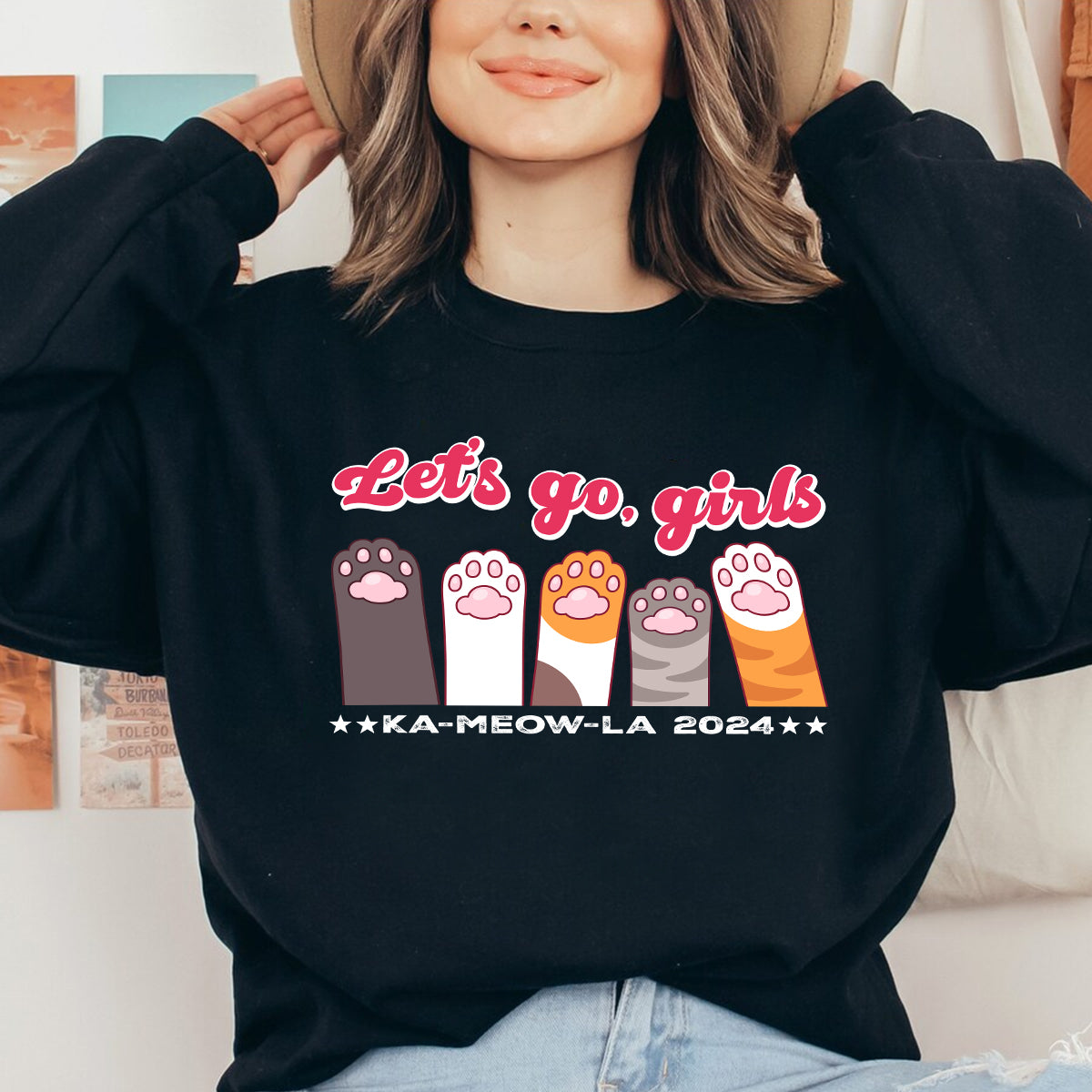 Teesdily | Let's Go Girls Childless Cat Lady Shirt, Ka-meow-la 2024 T-shirt, Cute Cat Lady Sweatshirt Hoodie Mug, Comma La T-shirt