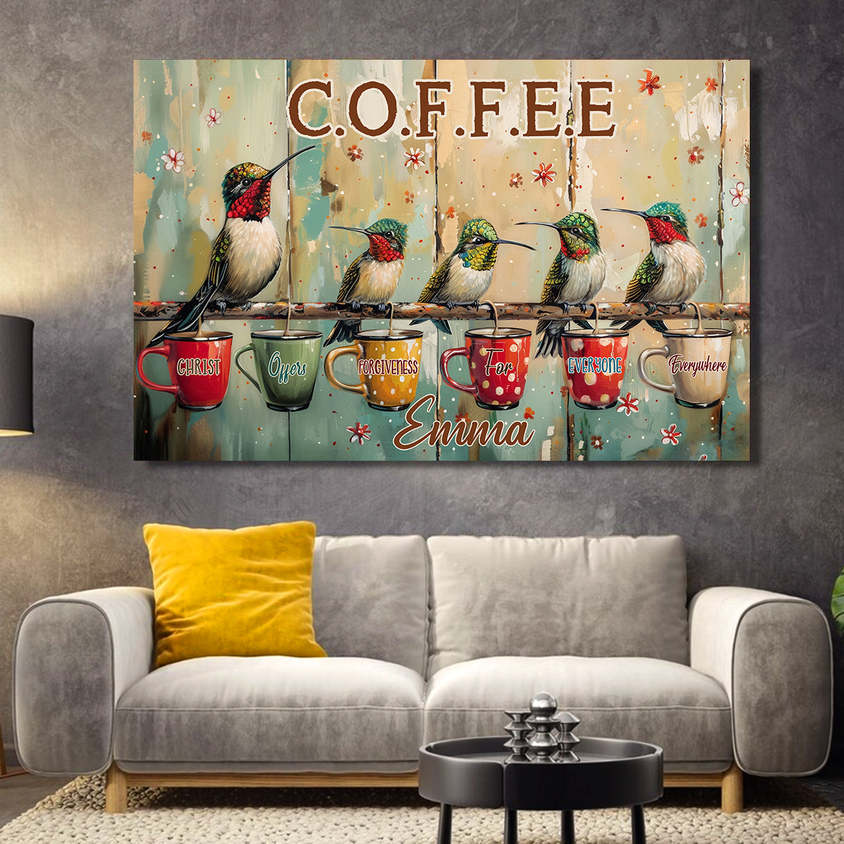 Teesdily | Jesus Hummingbird Coffee Poster, Christ Offers Forgiveness For Everyone Everywhere Art Canvas, Christian Decor, Religious Poster Canvas