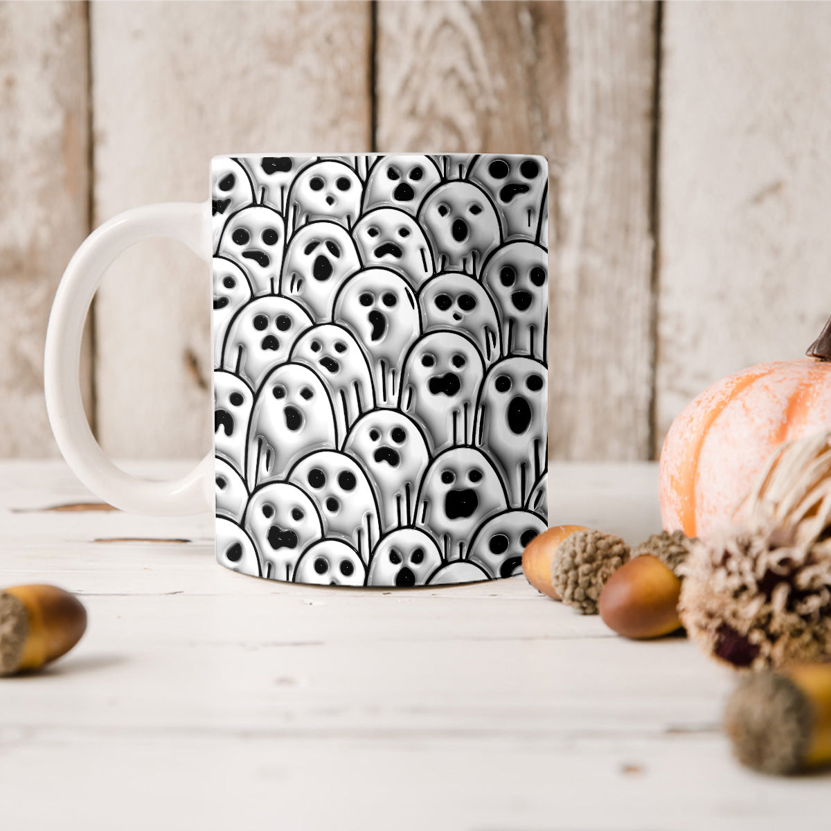 Teesdily | Halloween Ghost Inflated Halloween Mug, Halloween Spooky Cartoon Ceramic Mug, Puffy Ghost Mug Inflated Effect Print, Halloween Gifts