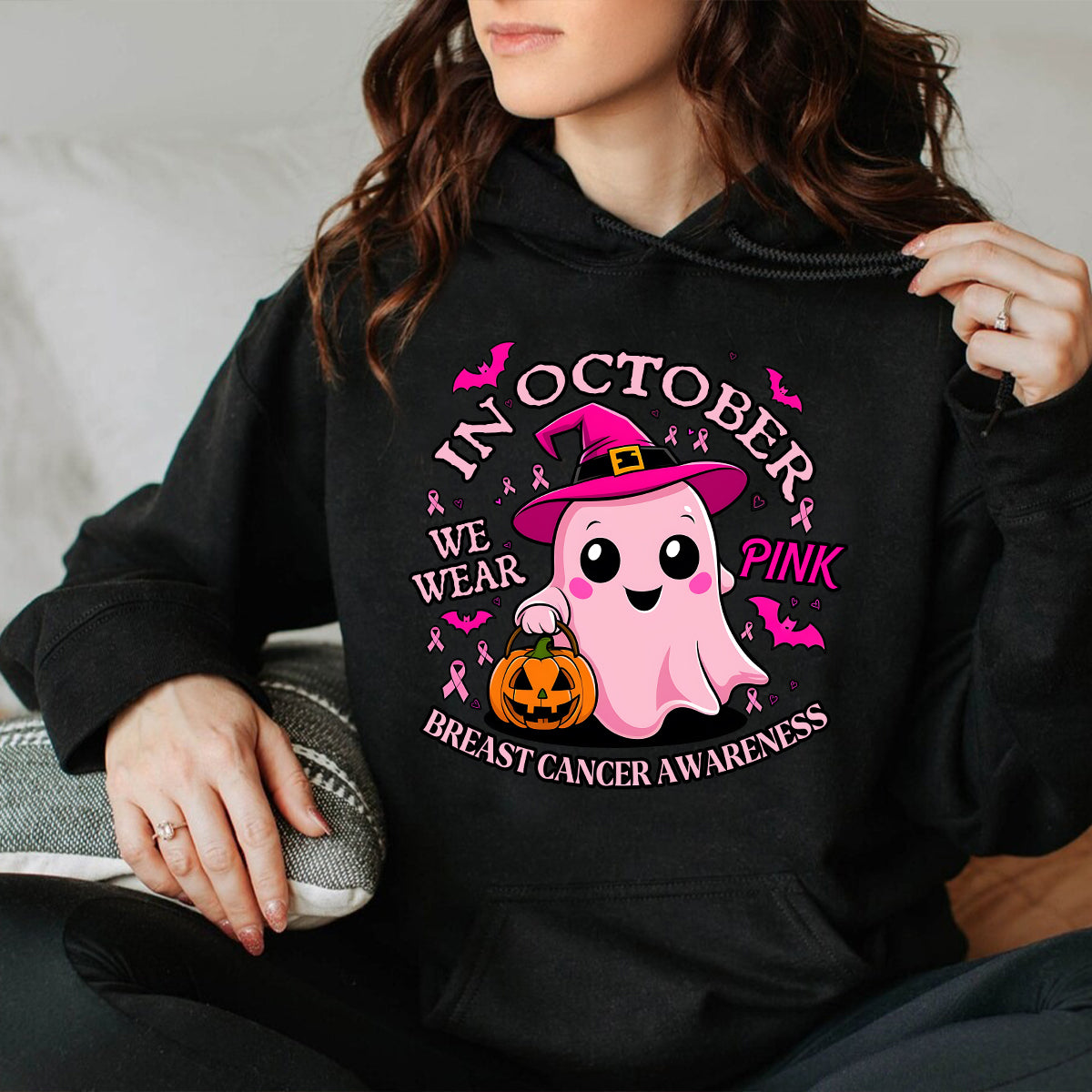 Teesdily | Cute Ghost Breast Cancer Awareness Shirt, In October We Wear Pink Tee Sweatshirt Hoodie Mug, Breast Cancer Support Warrior Gift