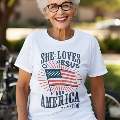 Teesdily | American Flag Tshirt, She Loves Jesus And America Too, Indepdence Day Sweatshirt Hoodie, Christian Gifts Mug