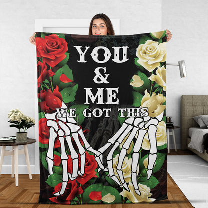 Teesdily | Skeleton Hand Rose Fleece Blanket Couple You And Me Got This Cozy Blanket Gothic Style Warm Blanket Halloween Gift For Lover