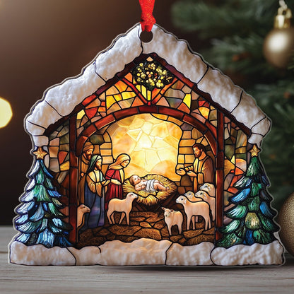 Teesdily | Nativity Scene Acrylic Ornament , Nativity Jesus Snowy House Christmas Ornament, Religious Jesus Lover Gift