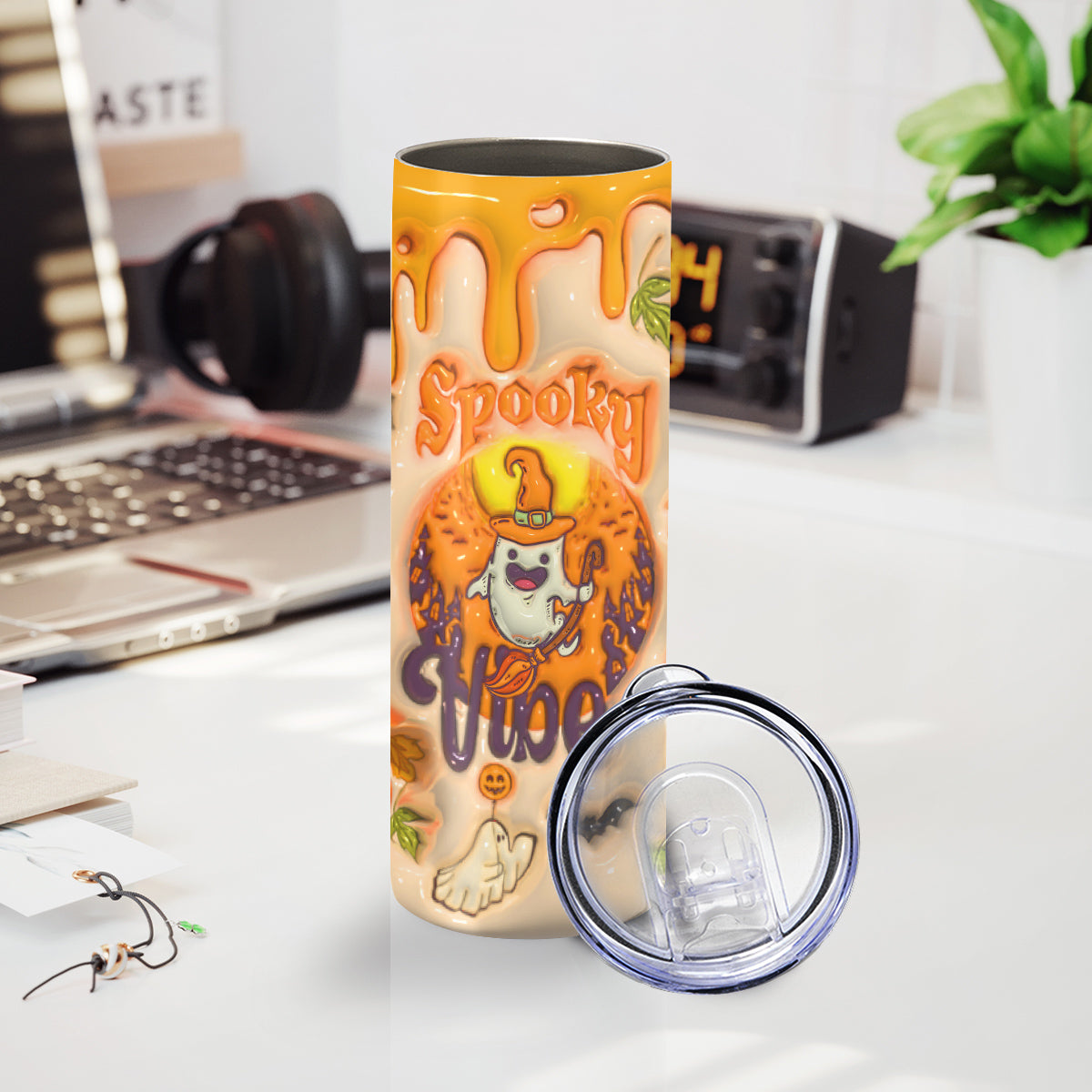 Teesdily | Halloween Spooky Vibes Ghost 3D Inflated Skinny Tumbler, Ghost Pumpkin Tumbler 20oz, Cute Ghost Tumbler Coffee, Happy Halloween Gifts