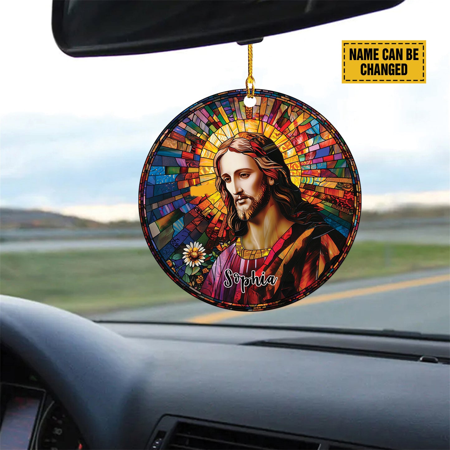 Teesdily | Jesus Portrait Stained Glass Print Ornament, Jesus Christ Sunflower Car Hanger Ornament, Jesus God Colorful Rear View Mirror Accessories