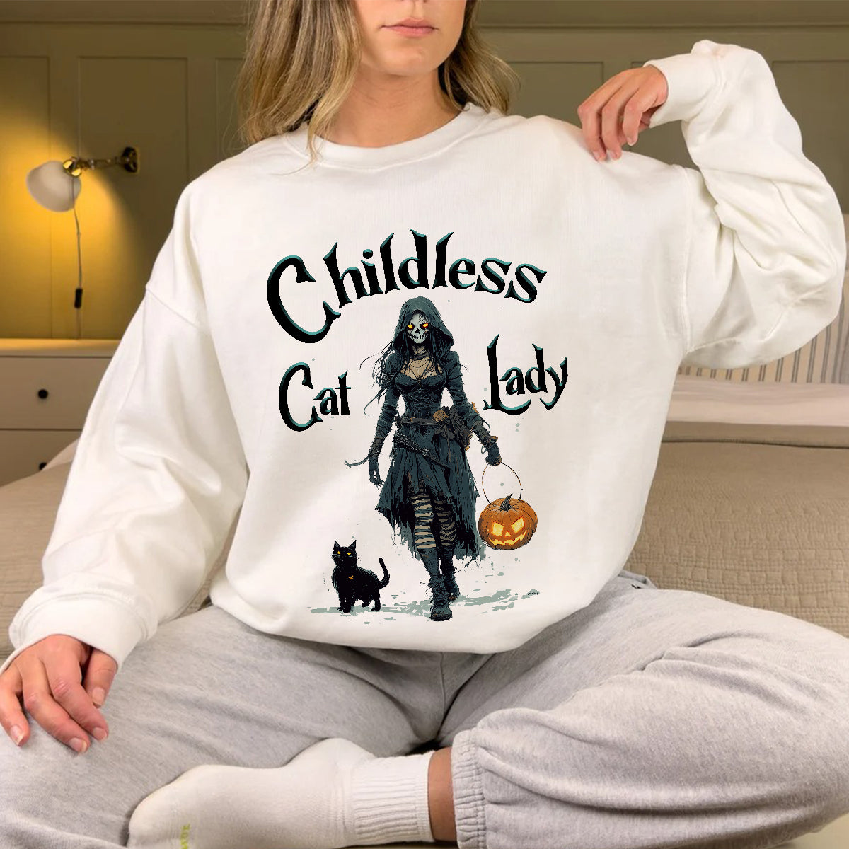 Teesdily | Childless Cat Lady Shirt, Halloween Pumpkin Witch And Cat Sweatshirt, Witchy Black Cat Hoodie Mug, Skeleton Witch T-shirt