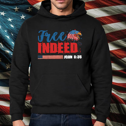 Teesdily | Christian 4th Of July Patriotic Shirt, Free Indeed John 8:36 Bible Verse Hoodie, American Flag Eagle Mug Cup, Happy Independence Day Gift