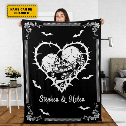 Teesdily | Personalized Skeleton Couple Blanket Together Forever Fleece Blanket Halloween Goth Couple Halloween Gift Personalized Skull Gothic