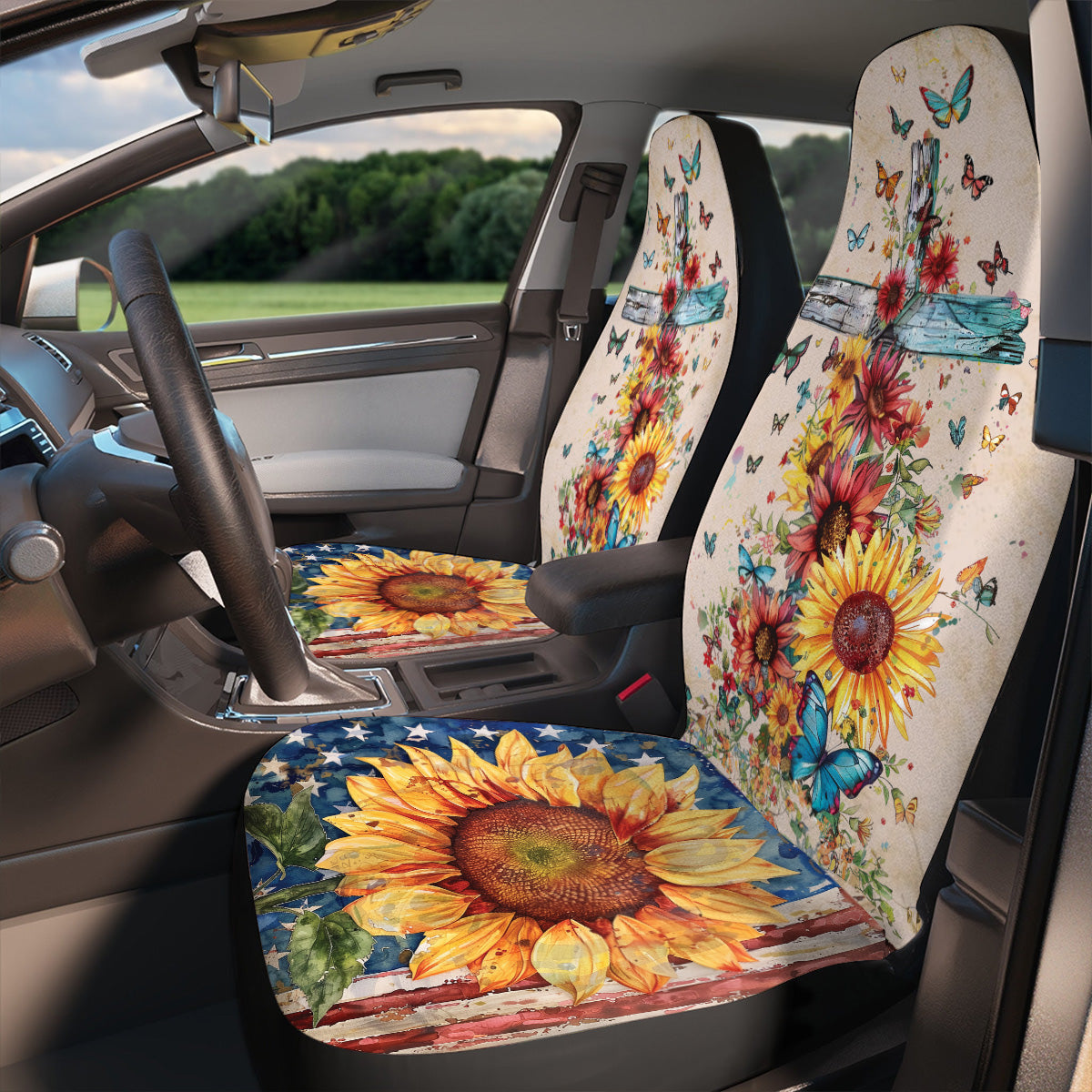 Teesdily | Jesus Cross Sunflower American Flag Car Seat Cover, Christ Butterfly Protector Seat Covers, Independence Day Gift, Car Decoration