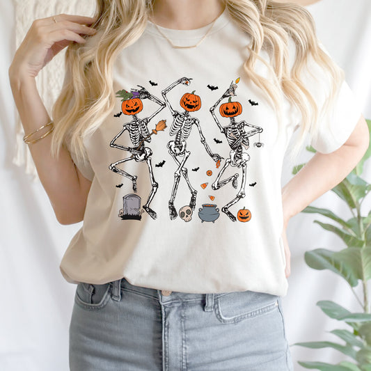 Teesdily | Dancing Skeleton Pumpkin Shirt, Retro Halloween Spooky Season Sweatshirt Hoodie Mug, Halloween Pumpkin Face T-shirt, Halloween Shirt Gift