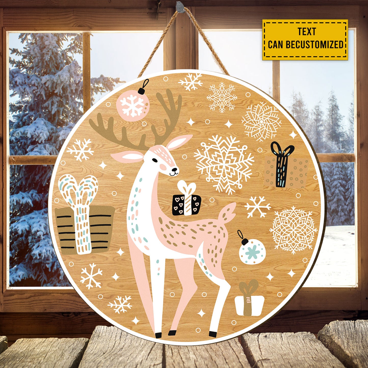 Teesdily | Customized Cute Merry Christmas Reindeer Round Wood Sign Xmas Pattern  Wood Sign Dorm Welcome Sign Christmas Decoration