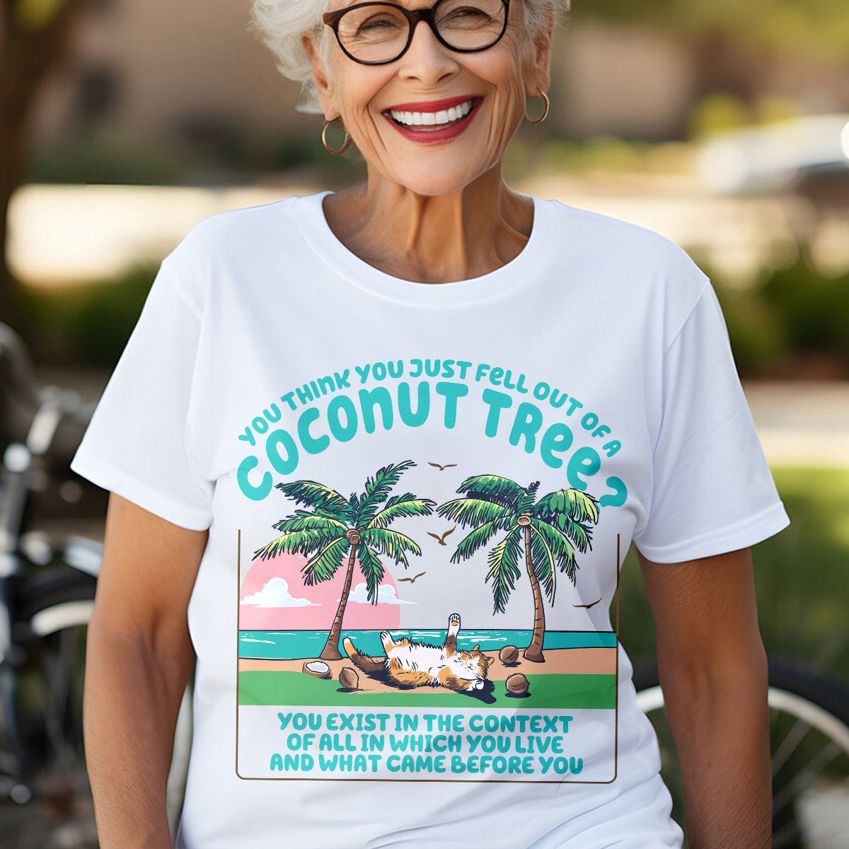 Teesdily | Funny Cat Coconut Tree Shirt, You Think You Just Fell Out Of A Coconut Tree Hoodie, Childless Cat Lady Sweatshirt Mug, Comma La Women Gift