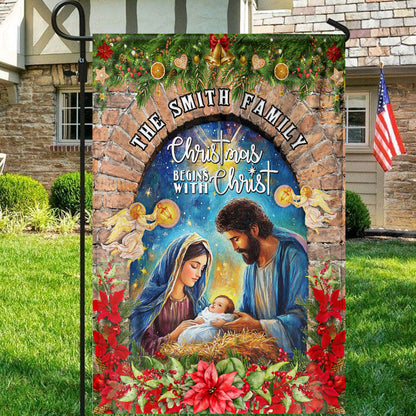 Teesdily | Customized Christmas Begins With Christ Garden Flag, Holy Family Jesus Christmas Flag House, Religious Christmas Gift