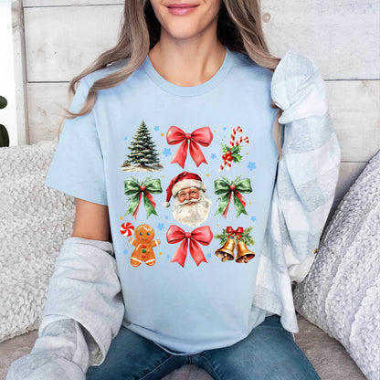 Teesdily | Retro Coquette Bow Christmas Shirt, Coquette Santa Gingerbread Sweatshirt, Christmas Tree Bow Coquette Hoodie Mug Gift