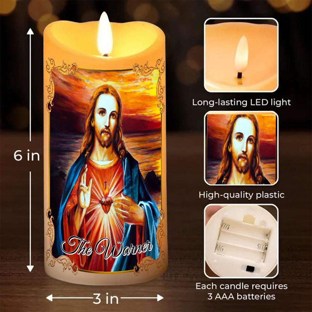 Teesdily | Customized Jesus Sacred Heart Led Candle Without Battery, O Most Holy Heart Of Jesus Christian Religious Christmas Gift