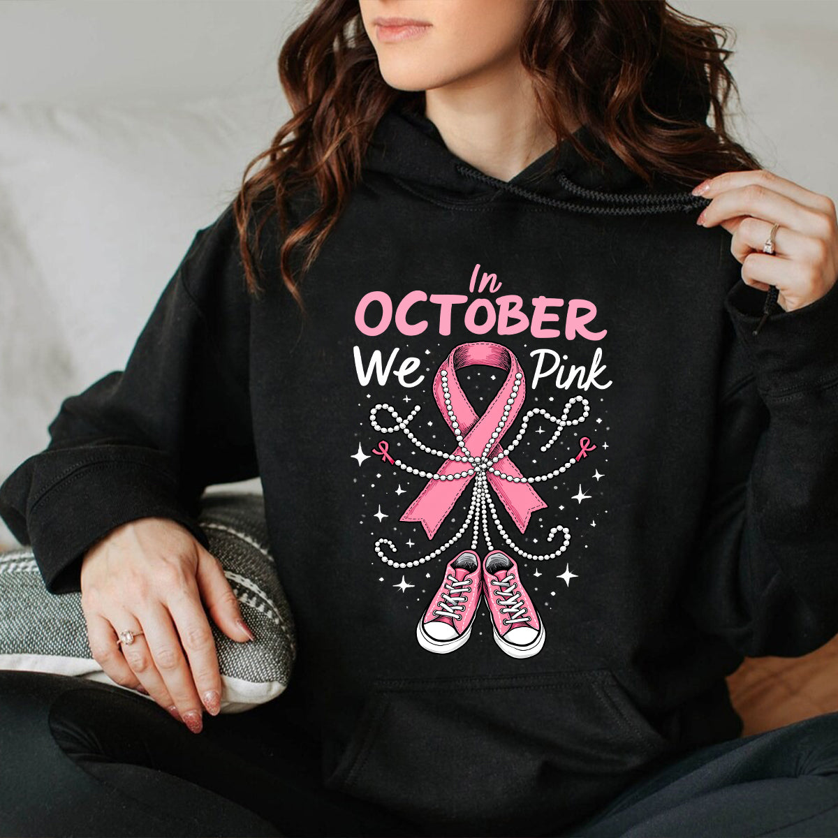 Teesdily | In October We Wear Pink Shirt, Pink Ribbon Shoe Sweatshirt, Breast Cancer Awareness Hoodie Mug, Support Warrior Halloween Gifts