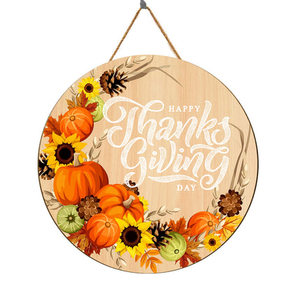 Teesdily | Happy Thanksgiving Autumn Wreath Wood Sign Pumpkin Sunflower Autumn Maple Leaves Home Decoration Gift For Family Front Door Welcome