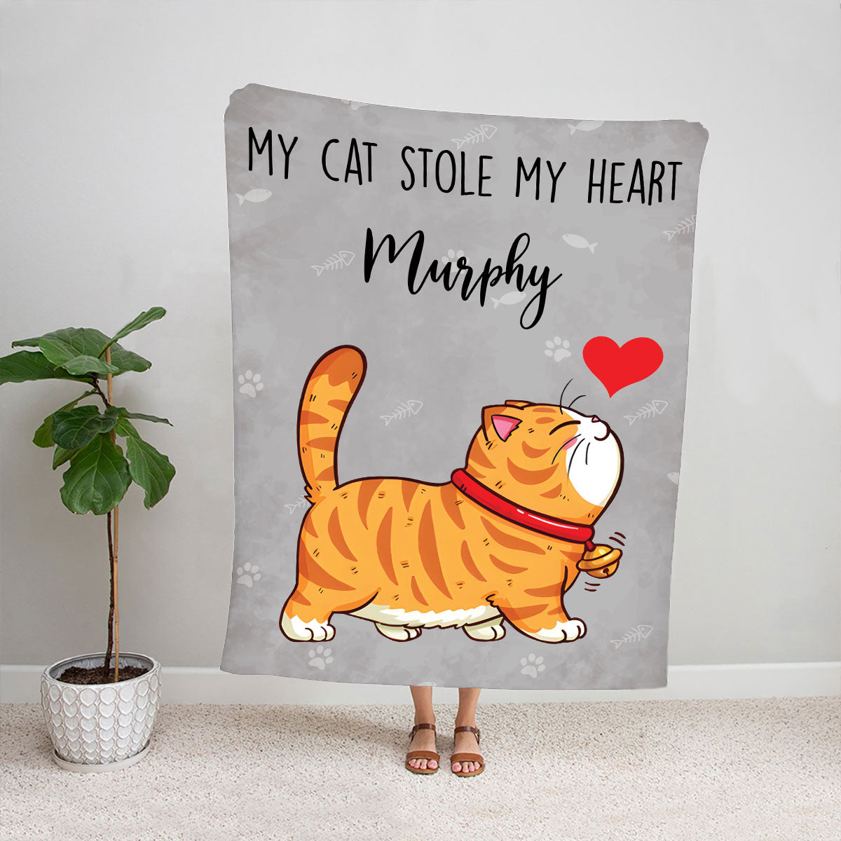 Teesdily | Customized Cat Cartoon Cute Fleece Blanket, My Cat Stole My Heart Throw Blanket, Cat Customizable Blanket Gifts, Gift For Cat Lovers