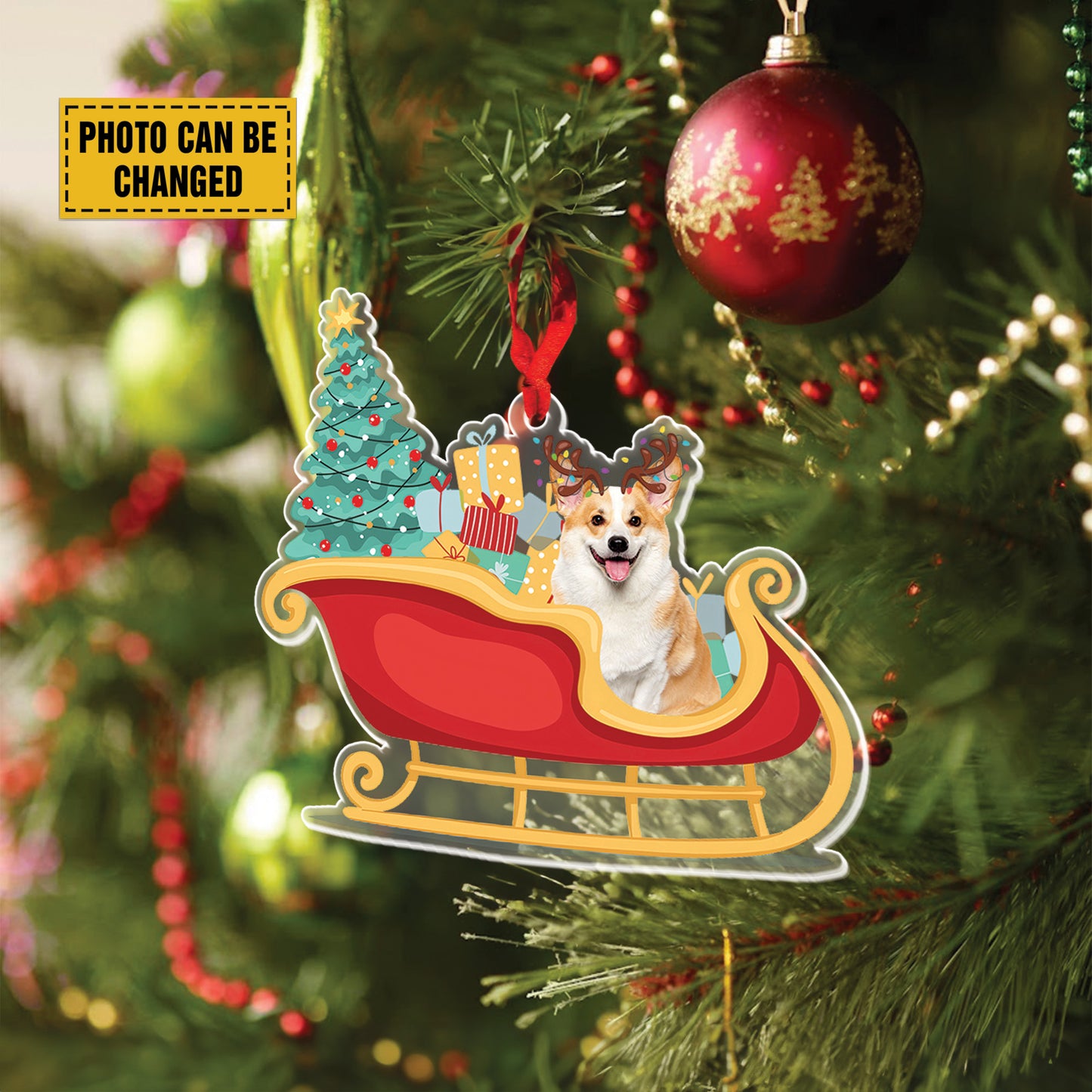 Teesdily | Customized Photo Dog Christmas Ornament, Corgi Santa Sleigh Hanging Ornament, Pet Christmas Gift Boxes, Dog Ornament, Dog Mom 2024 Gift