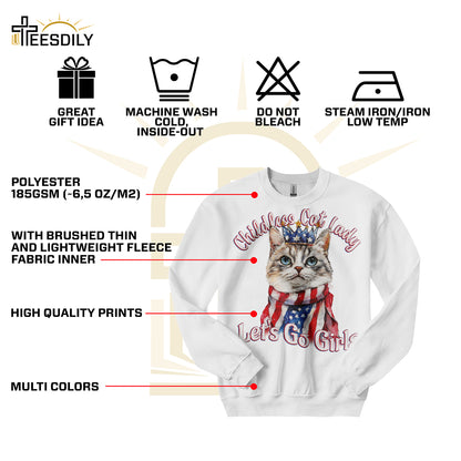 Teesdily | Childless Cat Lady Shirts, Queen Cat American Flag Sweatshirt, Comma La Hoodie, Ka-meow-la T-shirt, Let's Go Girls Cat Mom