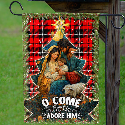 Teesdily | Holy Family Nativity Jesus Christmas Flag, O Come Let Us Adore Him Holy Night Garden Flag House Christmas Gift