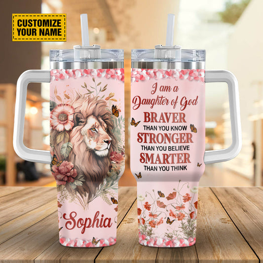 Teesdily | Customized Lion Floral Insulated Tumbler, I Am A Daughter Of God Travel Tumbler, Religious Gifts For Women, Personalized 40oz Tumbler