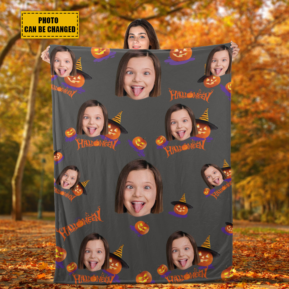 Teesdily | Halloween Pumpkin Personalized Fleece Blanket With Face Funny Halloween Custom Photo Fleece Throw Blanket Halloween Gift For Kids