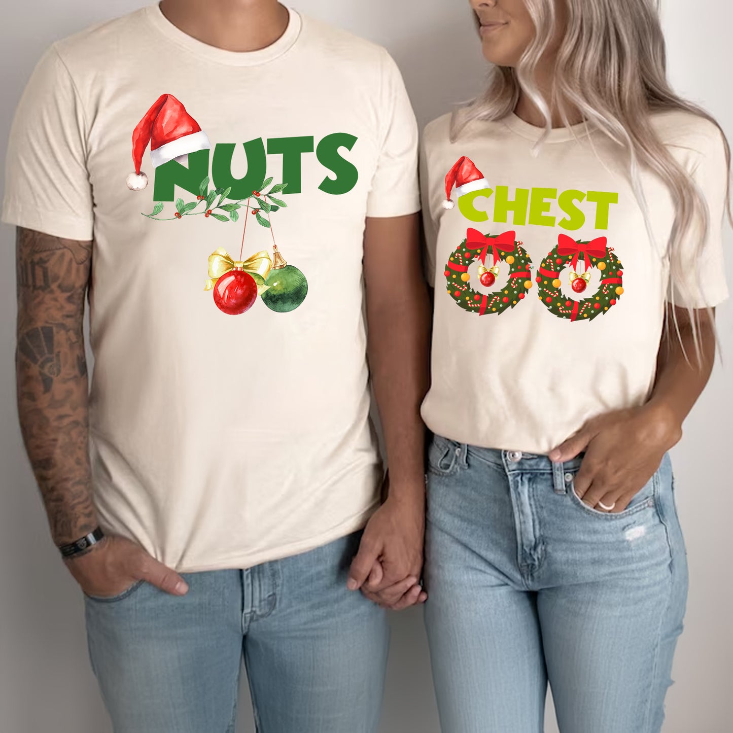 Teesdily | Chest Nuts Matching Christmas Shirt, Funny Couple Shirts, Christmas Couple Sweatshirt, Holiday Matching Family Gift