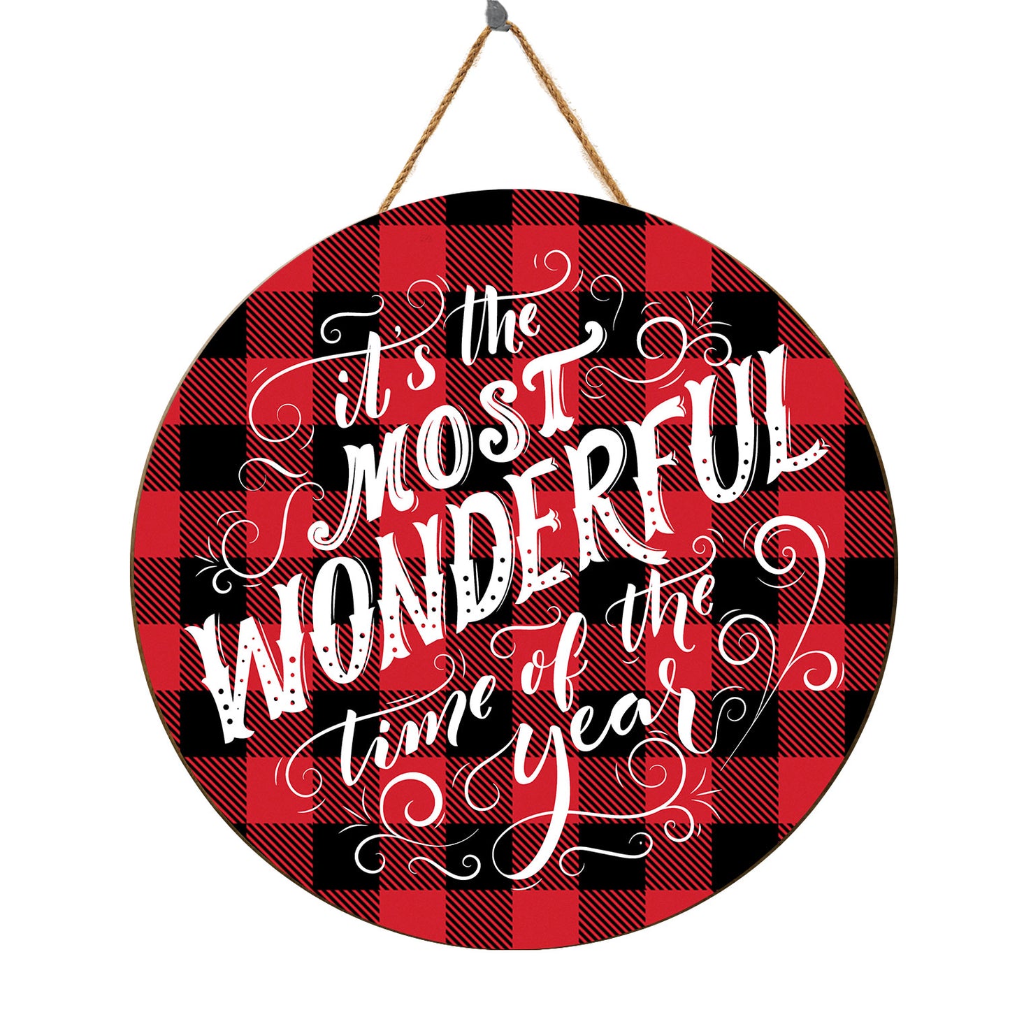 Teesdily | It's The Most Wonderful Time Of The Year Christmas Quote Wood Sign Plaid Pattern Round Home Sign House Office Decor Christmas Gift