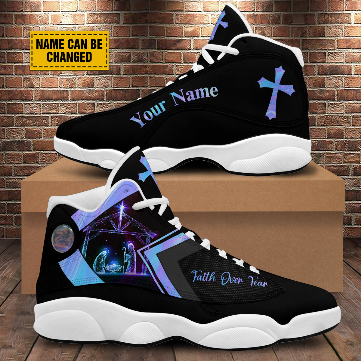 Teesdily | Personalized Jesus Cross Christ Nativity Basketball Shoes, Jesus Nativity Running Shoes, Christian Religious Gift, Shoes With Thick Soles