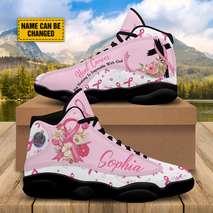 Teesdily | Custom Heal Cancer Nothing Is Impossible With God Running Shoes, Pink Ribbon Breast Cancer Awareness Basketball Shoes